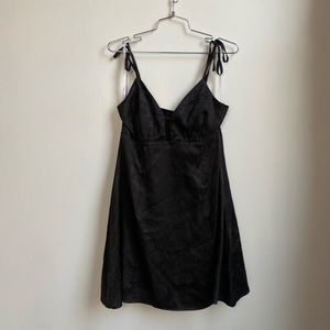 Lulu’s Black Strappy Mini Dress Satiny Fabric Subtle Pattern